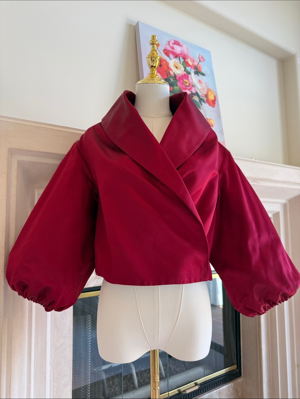 Blumarine Italy 100% Silk Red Cropped Wrap Jacket – Puff Sleeves Sz 4 / IT 40
